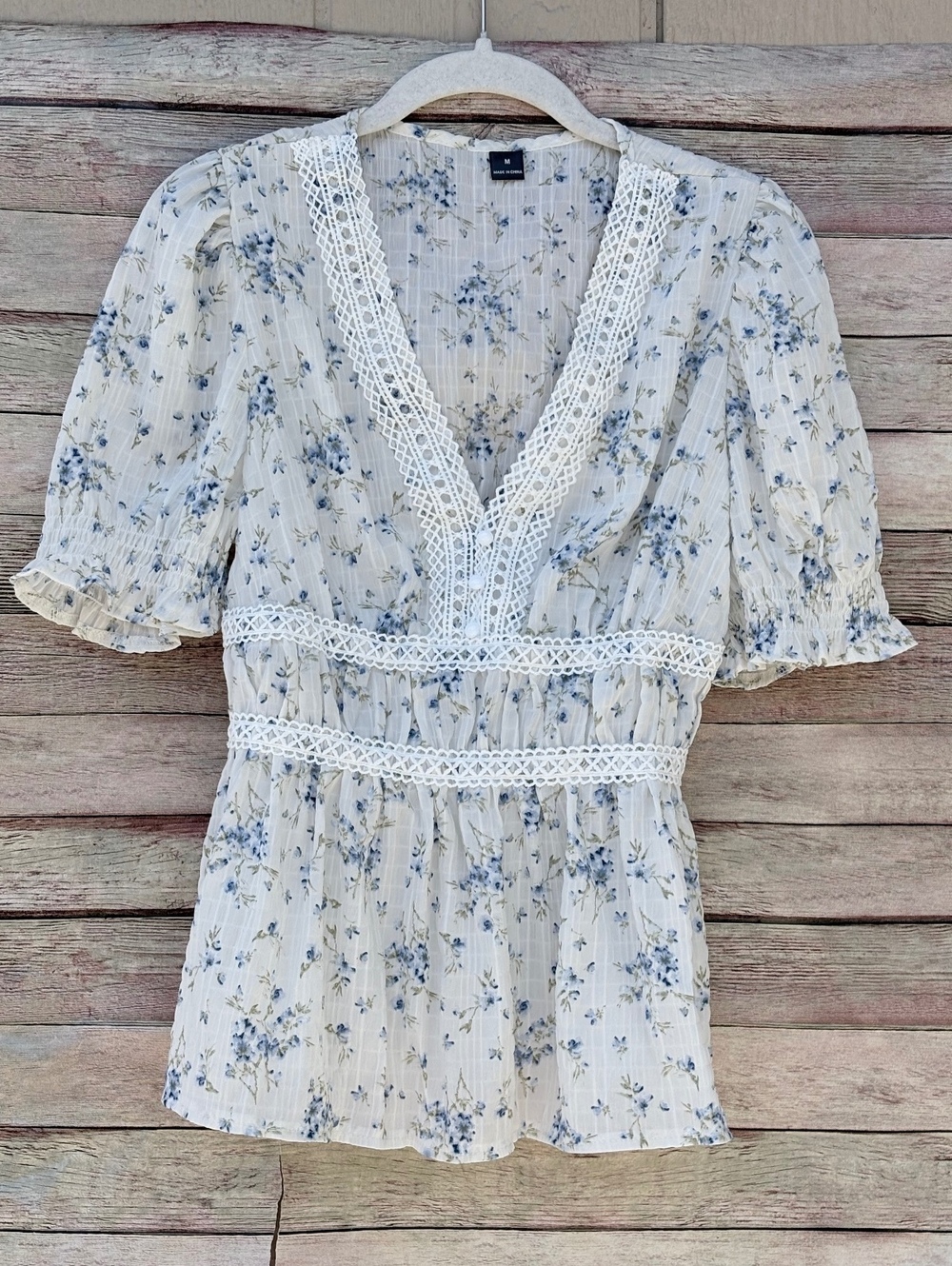 Y2K Babydoll V-Neck Women's M Blue  Floral Lace Peplum Boho Romantic Cottagecore - Picture 2 of 12